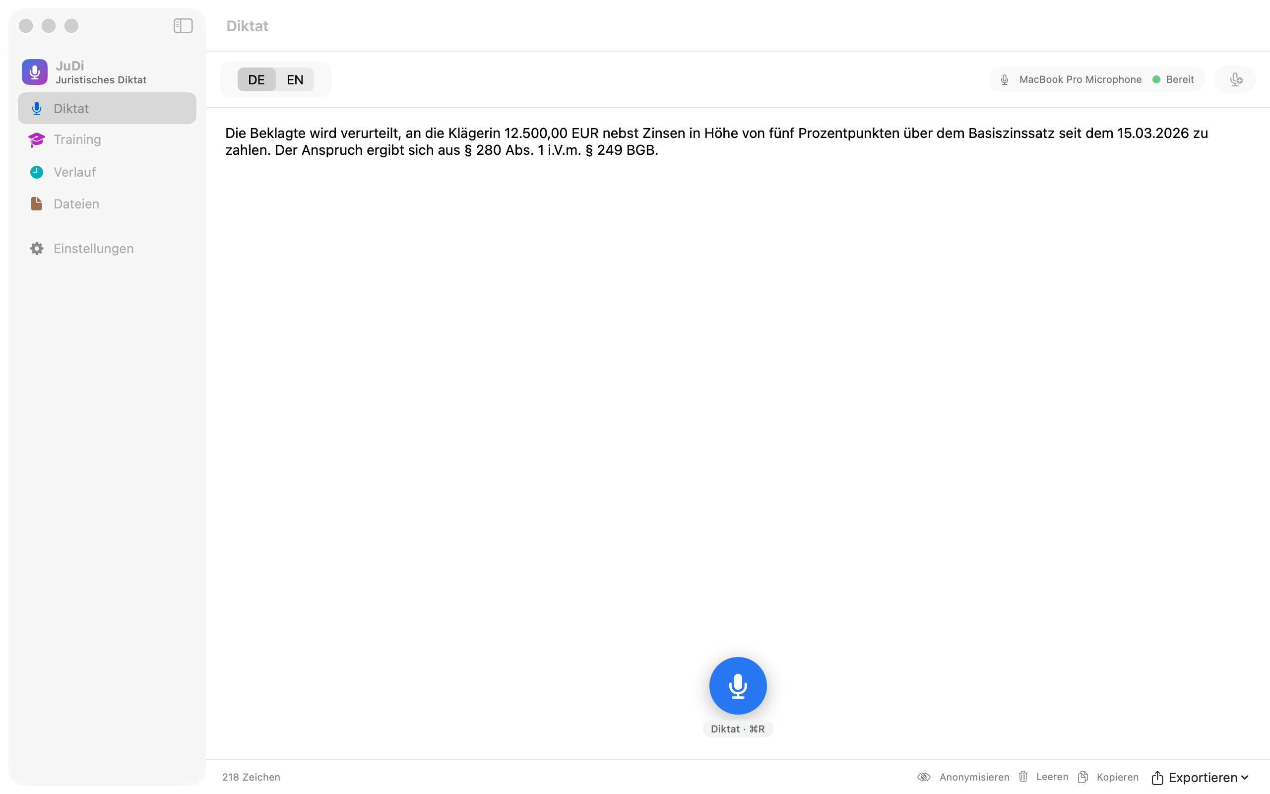 JuDi Diktatansicht auf dem Mac mit fertig formatiertem Schriftsatztext